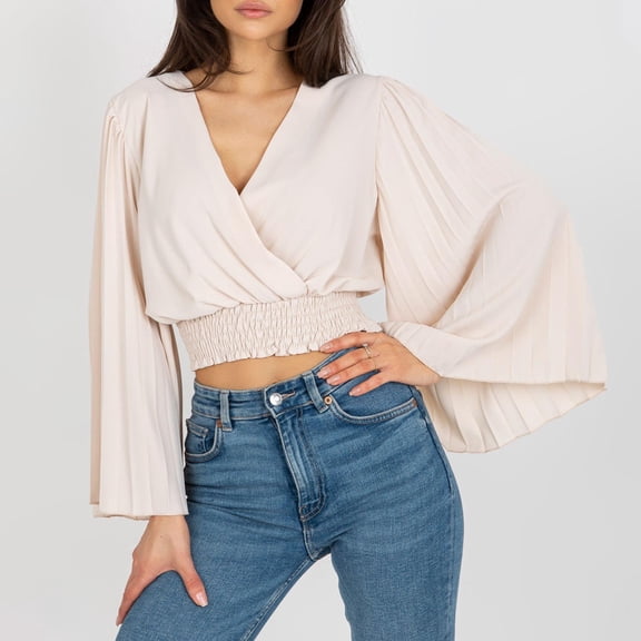 OKSALE Cross Wrap Shirts for Women Trendy Flare Sleeve Cropped Shirt Casual V Neck Blouses Solid Color Blouse Soft Comfortable Top Y2K Loose Fit Tops 2025