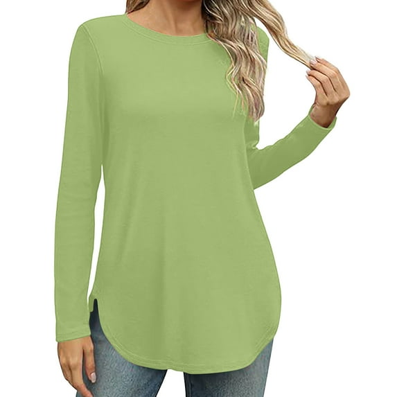 OKSALE Curved Hem Shirts for Women Casual Round Neck Shirt Cozy Long Sleeve Tee Blouses Solid Color Blouse Lightweight Soft Fall Tops 2025