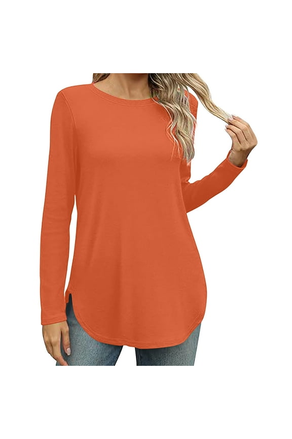 Curved Hem Shirts for Women Casual Round Neck Shirt Cozy Long Sleeve Tee Blouses Solid Color Blouse Lightweight Soft Fall Tops 2025