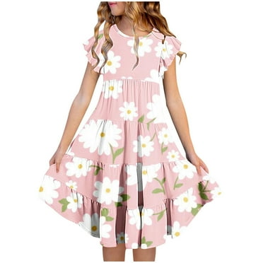 OKSALE Cute Dresses for Girls 10-12 Spring Floral Print Dress Loose Knee High Modest Dresses Casual Flutter Sleeve Midi Dress Teen Dresses for Girls