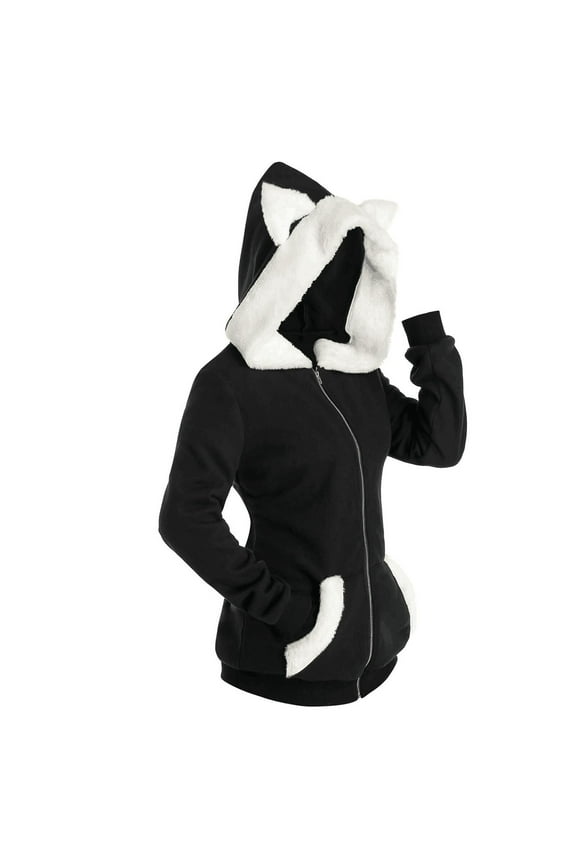 Cute Cat Ear Jackets for Women Plus Size Fuzzy Fleece Coats Trendy Color Block Zip Up Jacket Hoodie with Pockets Warm Funny Tops 2025 Black S