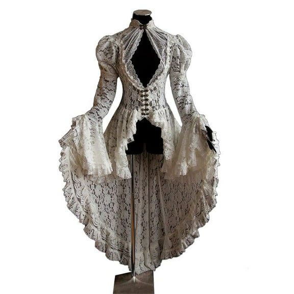 Oksale Dresses for Women Medieval Lace Up Corset Dress Steampunk Jacket Renaissance Long Sleeve Coat Stand Up Neck Retro Dress for Party White