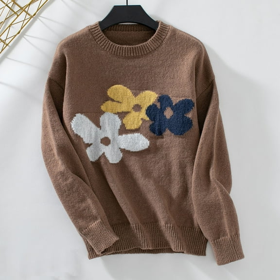 OKSALE Floral Sweaters for Women Cute Casual Sweater Cable Knit Crewneck Pullover Comfortable Long Sleeve Jumpers Cute Warm Winter Fall Tops