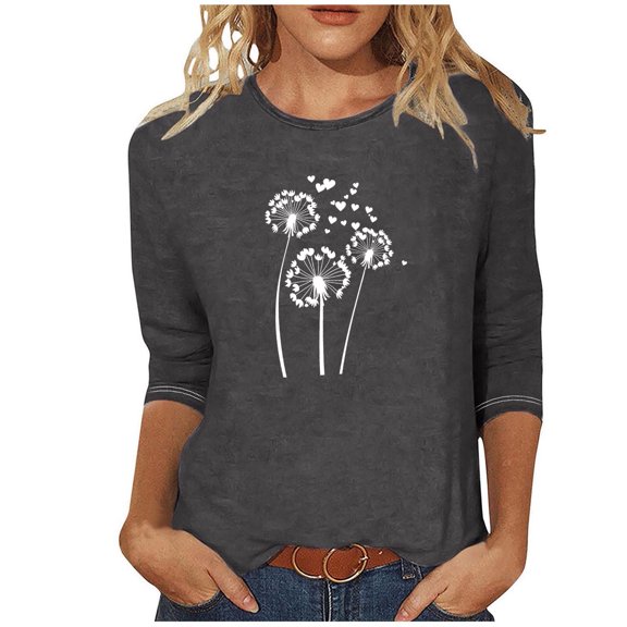 Oksale Funny Floral Graphic Shirts for Women Casual Round Neck Shirt 3/4 Sleeve Tee Blouses Cute Soft Top Loose Fit Fall Tops