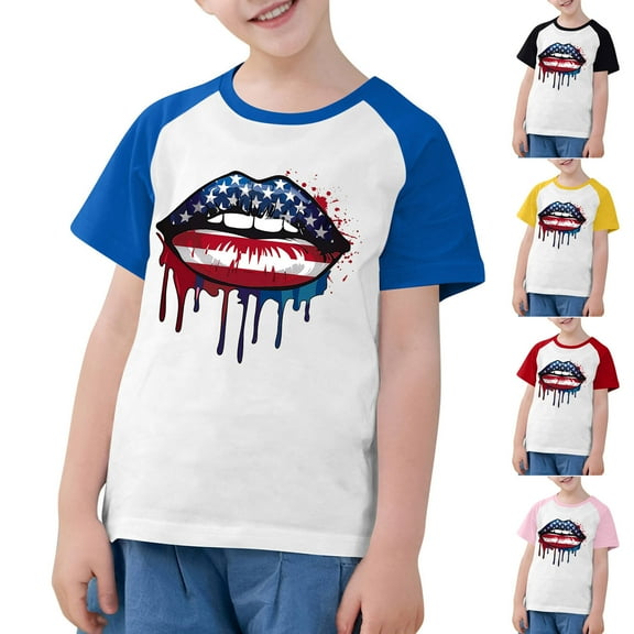 OKSALE Girls T Shirt Size 10-14 Little Girls 4th of July Shirts Funny American Flag Graphic Tees USA Stars Stripes Lip Graphic Tees Kids Toddlers Patriotic Short Sleeve T-Shirts 2-14 Years
