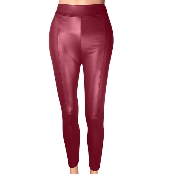 Oksale High Waist Leggings for Women Faux Leather Yoga Pants Slim Fit Tummy Control Pants Solid Color Athletic Yoga Leggings Comfortable Fall Tights Wine XL