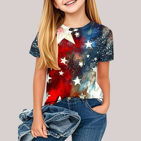 OKSALE July 4th T Shirts for Kids Girls Summer Clothes Novelty Tie Dye USA Shirt Patriotic Red White Blue Tshirt Tops Short Sleeve Cotton T-Shirt 3-14 Years