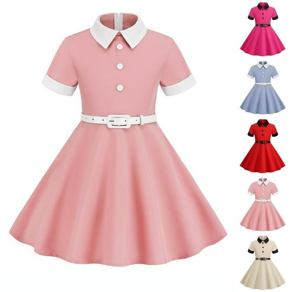 OKSALE Kids Vintage 50s Dress for Girls 1950s Belted Short Sleeve Dresses Patchwork 50's Style Dress for Girls 3-8 Years Flowy A Line Swing Dresses Cocktail Party Midi Dress