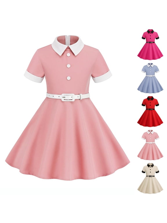 Kids Vintage 50s Dress for Girls 1950s Belted Short Sleeve Dresses Patchwork 50's Style Dress for Girls 3-8 Years Flowy A Line Swing Dresses Cocktail Party Midi Dress