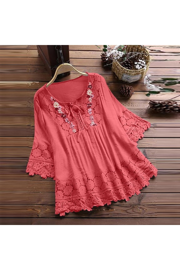 Lace Trim Tunic Shirts for Women Cotton Linen Shirt 3/4 Sleeve Tee Blouses Embroidered Blouse Loose Fit Boho Top Comfortable Peasant Tops