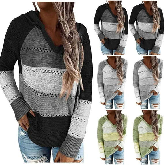Oksale Long Sleeve Hoodies for Women Hollow Out Knit Sweatshirts with Color Block Trendy Crochet Hooded Pullover Casual Sweaters