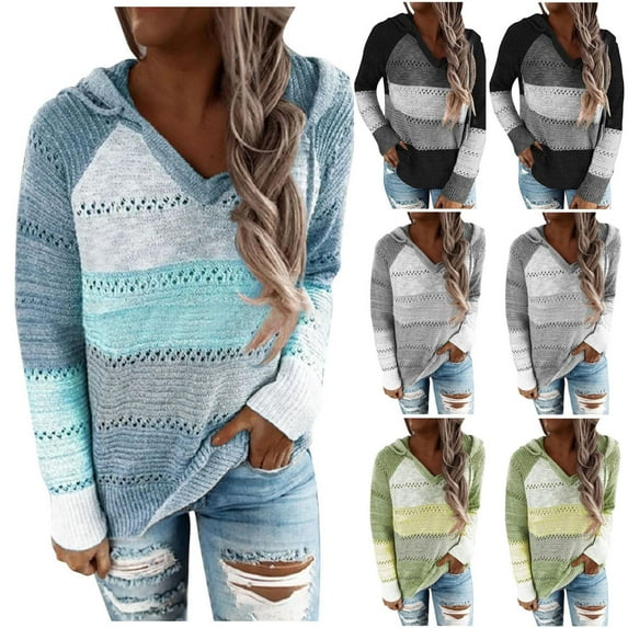 Oksale Long Sleeve Hoodies for Women Hollow Out Knit Sweatshirts with Color Block Trendy Crochet Hooded Pullover Casual Sweaters