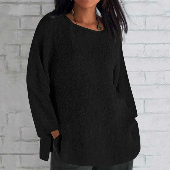 OKSALE Long Sleeve Shirts for Women Casaul Crewneck Shirt Side Splitted Blouses Solid Color Slub Cotton Blouse Versatile Soft Top Lightweight Fall Tops