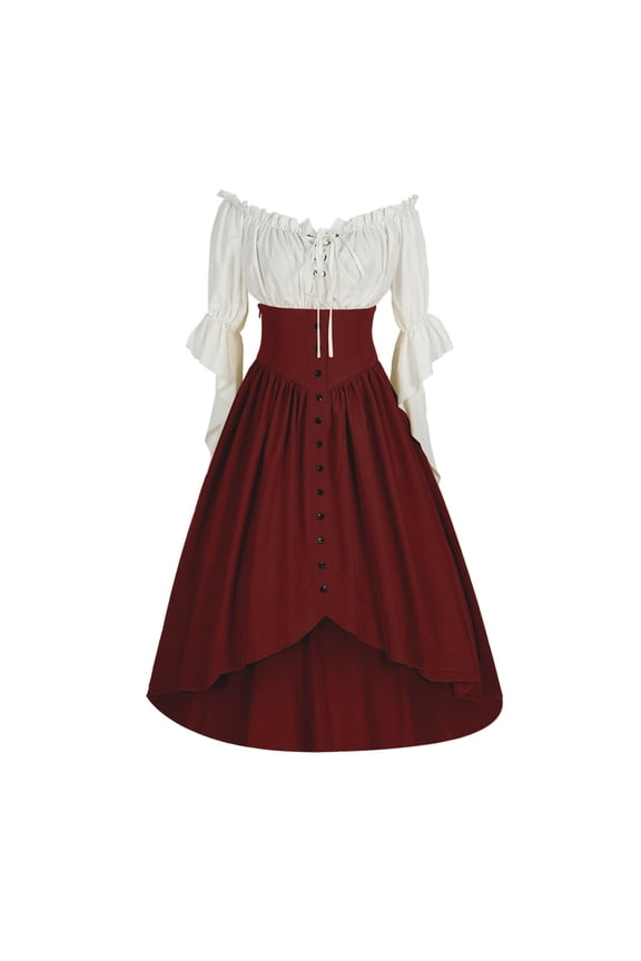 Medieval Dresses for Women Lace Up Puff Long Sleeve Dress Renaissance High Low Hem Dress Off the Shoulder Victorian Dresses with Button Dector Wine