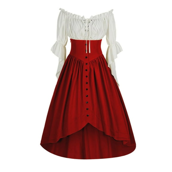Oksale Medieval Dresses for Women Lace Up Puff Long Sleeve Dress Renaissance High Low Hem Dress Off the Shoulder Victorian Dresses with Button Dector Red