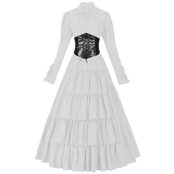 Oksale Medieval Dresses for Women Renaissance Victorian Dress with Bow Dector Long Sleeve Corset Dresses Lace Up Corset Dress Waist Dresses for Party White