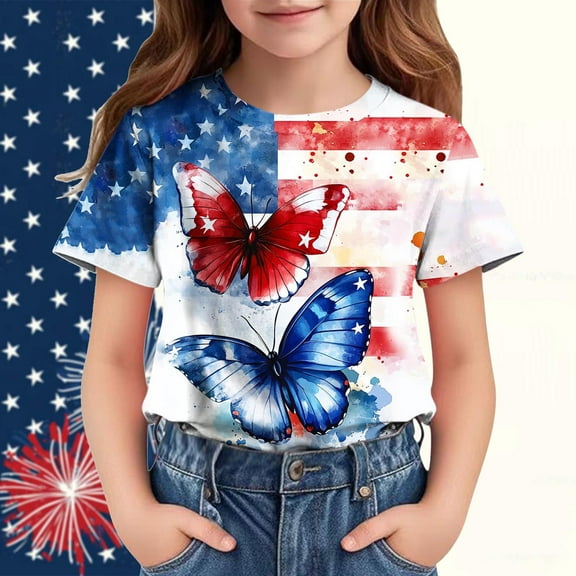OKSALE Memorial Day T Shirts for Girls 4th of July T Shirt Party In The USA American Girl Short Sleeve Tops for Kids Toddlers Patriotic Tshirt Aged 3-12Y