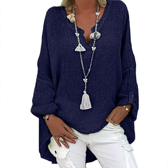 Oksale Plus Size Linen Shirts for Women Casual Drop Shoulder V Neck Shirt Solid Color Blouses Leisure Oversized Long Tops 2025