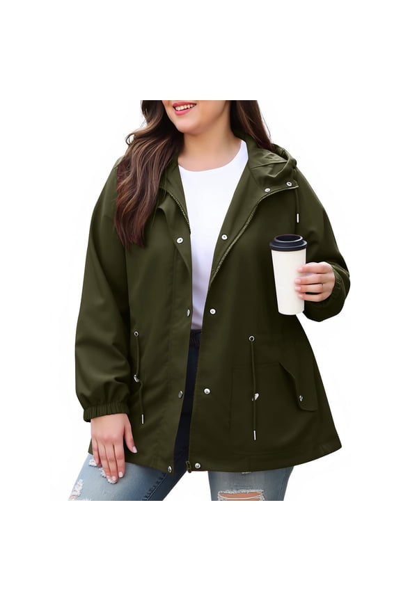Plus Size Rain Jackets Women Waterproof Windbreaker with Hood Button Up Lined Raincoat Solid Color Jacket Active Outdoor Traveling Clothing for Hiking Camping Climbing