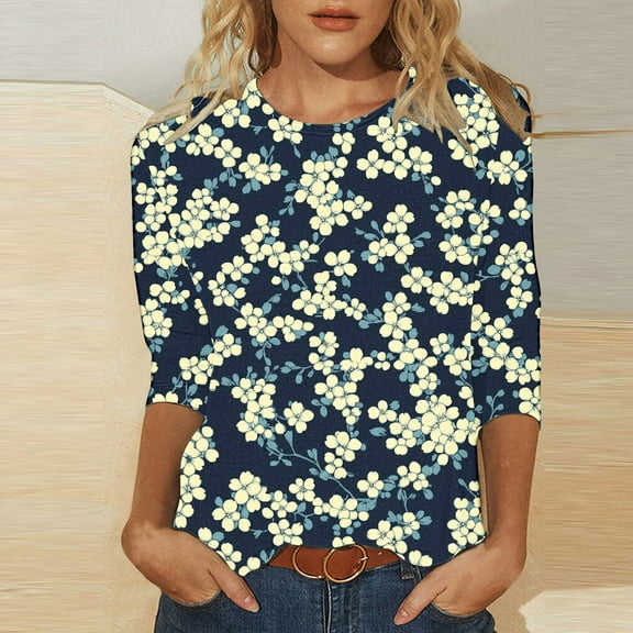 Oksale Plus Size Shirts for Women Floral Graphic Shirt Loose 3/4 Sleeve Tee Blouses Casual Crew Neck Blouse Dressy Work Top Soft Lightweight Fall Tops