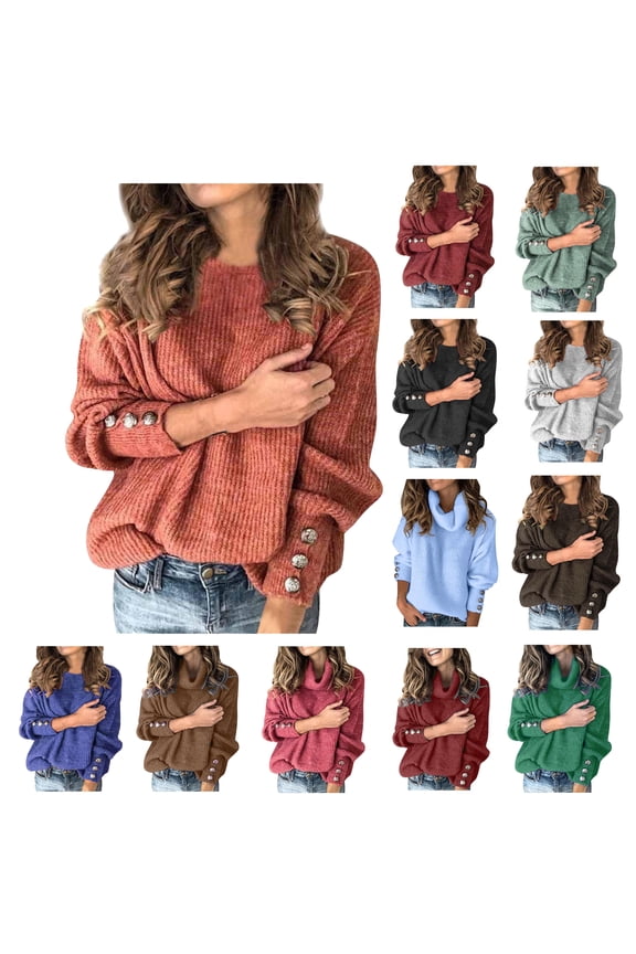 Plus Size Sweaters for Women Casual Round Neck Sweater with Button Dector Comfortable Long Sleeve Pullover Warm Winter Fall Tops