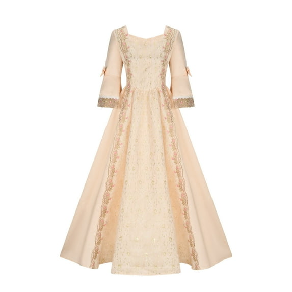 Oksale Plus Size Womens Medieval Dresses Vintage Square Neck Dresses Renaissance Irish Seven Sleeve Long Dress for Evening Party Wedding Beige