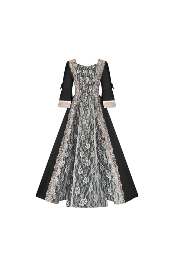 Plus Size Womens Medieval Dresses Vintage Square Neck Dresses Renaissance Irish Seven Sleeve Long Dress for Evening Party Wedding Black