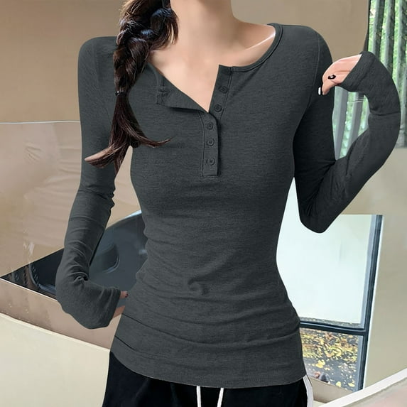 OKSALE Quarter Button Tops for Women Cozy Long Sleeve Shirts Solid Color Crewneck Tee Blouses Slim Fit Sexy Top Soft Versatile Tops 2025