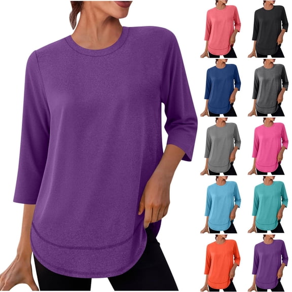 OKSALE Quick Dry Workout T Shirts for Women Sweat Proof Moisture Wicking Tshirt 3/4 Length Sleeve Tops Plus Size Crewneck T-Shirt UV Protection Sun Shirts