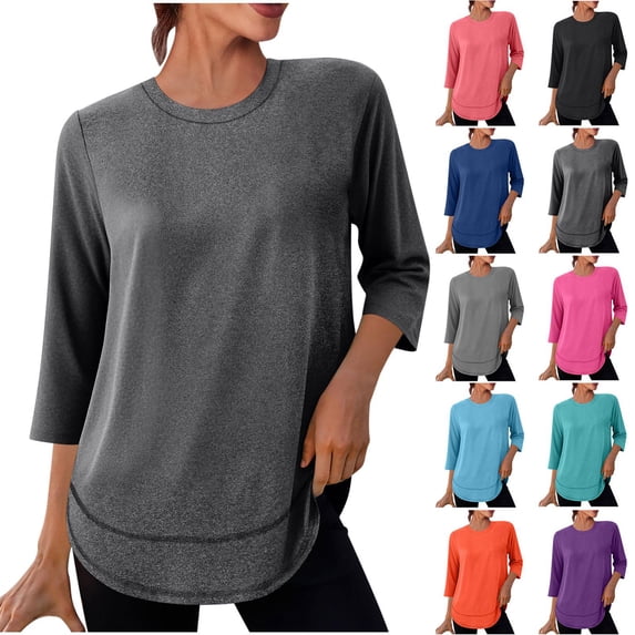 OKSALE Quick Dry Workout T Shirts for Women Sweat Proof Moisture Wicking Tshirt 3/4 Length Sleeve Tops Plus Size Crewneck T-Shirt UV Protection Sun Shirts