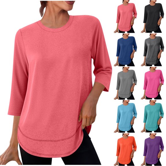 OKSALE Quick Dry Workout T Shirts for Women Sweat Proof Moisture Wicking Tshirt 3/4 Length Sleeve Tops Plus Size Crewneck T-Shirt UV Protection Sun Shirts
