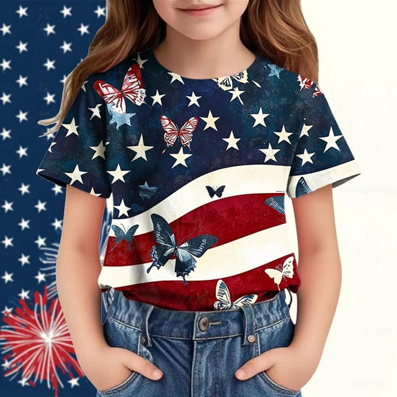 OKSALE Red White and Blue T Shirts for Girls Graphic 4th of July Tops Funny Fourth of July Patriotic T-Shirt Cute Novelty USA Flag Printed Tshirts 3-12 Years