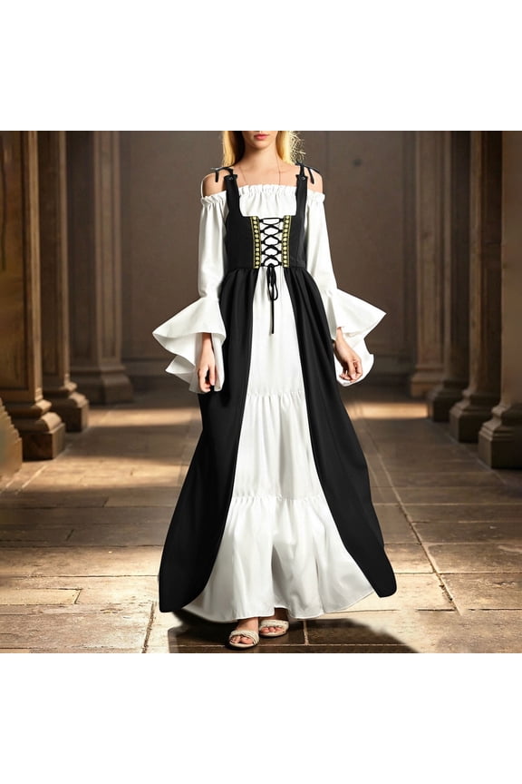 Renaissance Dresses for Women Vintage Medieval Dress Trumpet Sleeves Victorian Dress Lace Up Waist Gown Flowy Off The Shoulder Party Gown Dress Black