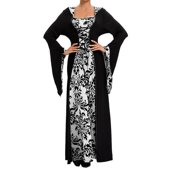 Oksale Renaissance Dresses for Women Medieval Dress Vintage Square Neck Bell Sleeve Gown Rules Hemline Dress for Party White