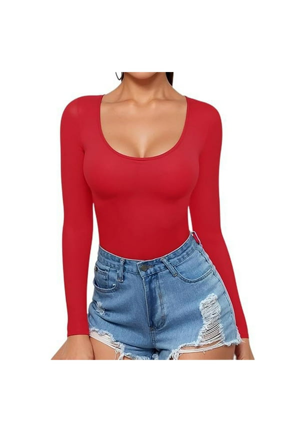 Scoop Neck Shirts for Women Cozy Long Sleeve Shirt Sexy Slim Fit Blouses Solid Color Tops Fall Clothing