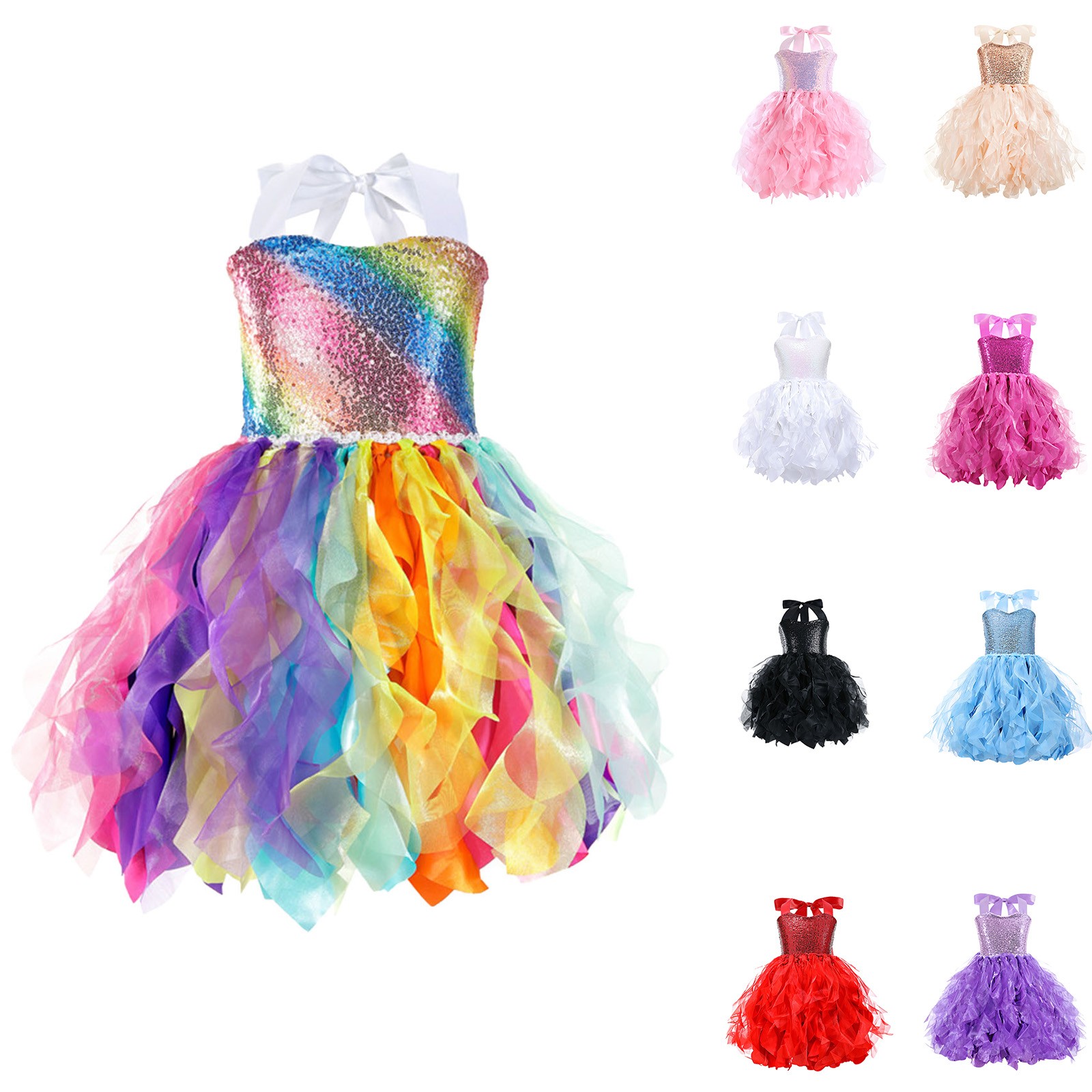 OKSALE Sparkly Sequin Rainbow Dresses for Girls Summer Lace Tulle Dress Little Grils Sleeveless Party Dresses Flower Girl's Wedding Dance Dress
