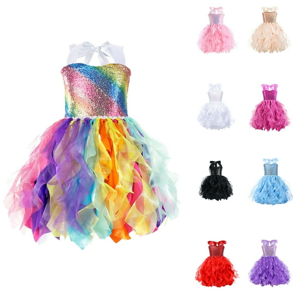 OKSALE Sparkly Sequin Rainbow Dresses for Girls Summer Lace Tulle Dress Little Grils Sleeveless Party Dresses Flower Girl's Wedding Dance Dress