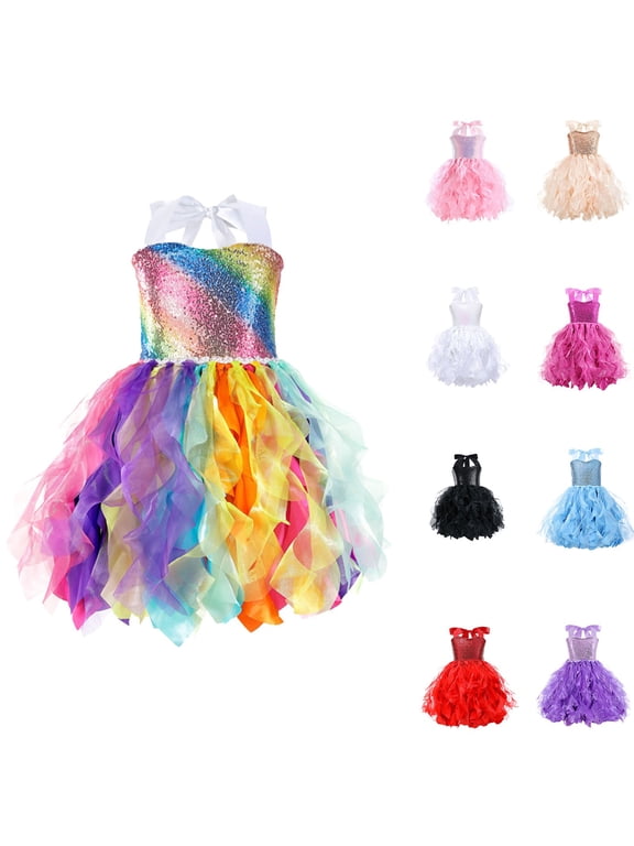 Sparkly Sequin Rainbow Dresses for Girls Summer Lace Tulle Dress Little Grils Sleeveless Party Dresses Flower Girl's Wedding Dance Dress