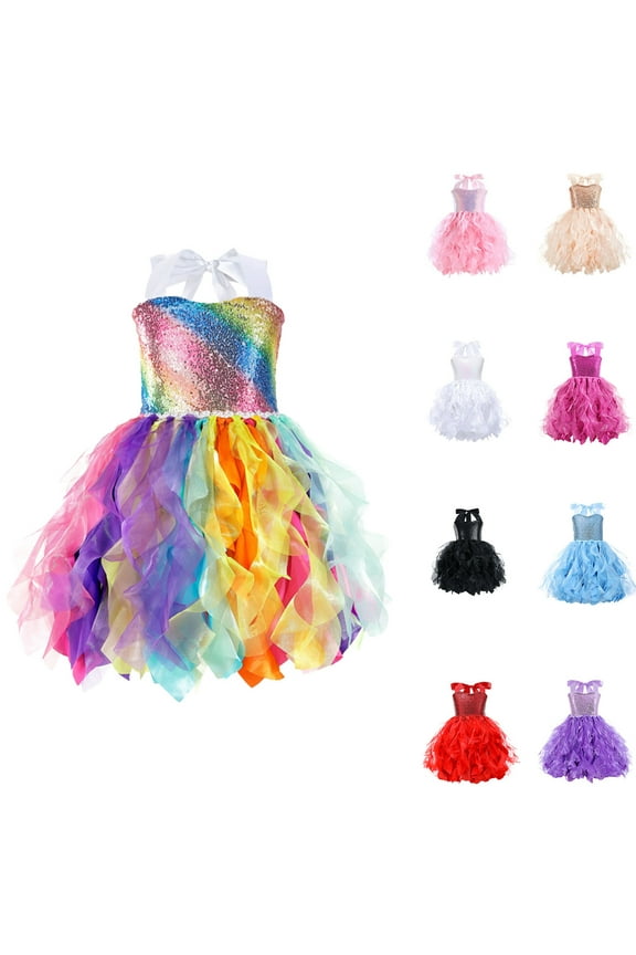 Sparkly Sequin Rainbow Dresses for Girls Summer Lace Tulle Dress Little Grils Sleeveless Party Dresses Flower Girl's Wedding Dance Dress