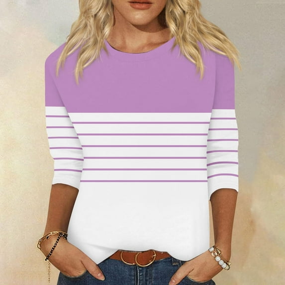 Oksale Striped Graphic Shirts for Women 3/4 Sleeve T Shirt Casual Round Neck Blouses Color Block Blouse Loose Fit Comfy Top