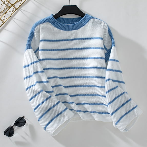 OKSALE Striped Sweaters for Women Casual Knitted Sweater Round Neck Jumper Loose Long Sleeve Pullover Soft Outfits Tops