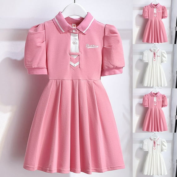 OKSALE Toddler Girls School Uniform Dresses Puff Short Sleeve Princess Dress Casual Ruffled Shirt Dresses Little Girl Summer Suit Dress
