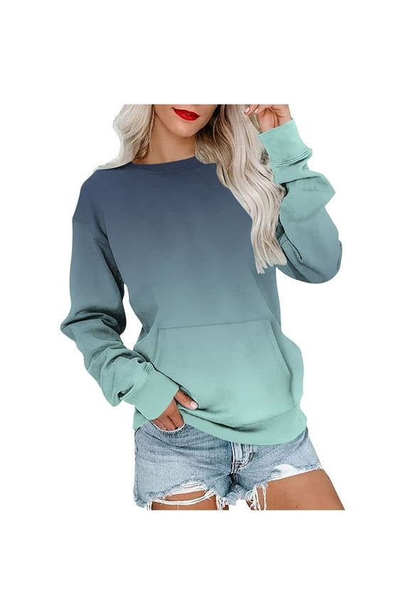Trendy Gradient Sweatshirts for Women Casual Drop Shoulder Crewneck Sweatshirt with Kangaroo Pocket Loose Long Sleeve Pullover Cozy Fitting Fall Tops