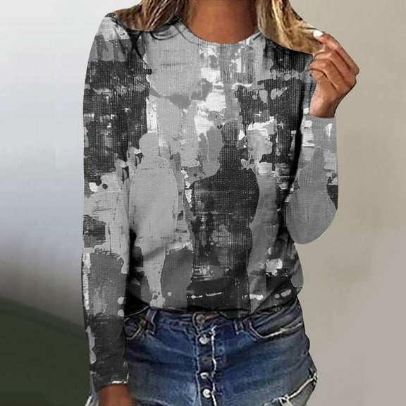 OKSALE Trendy Graphic Shirts for Women Casual Round Neck Shirt Long Sleeve Blouses Funny Comfortable Blouse Loose Fit Fall Tops