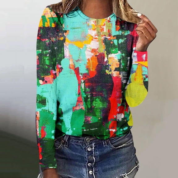 OKSALE Trendy Graphic Shirts for Women Casual Round Neck Shirt Long Sleeve Blouses Funny Comfortable Blouse Loose Fit Fall Tops