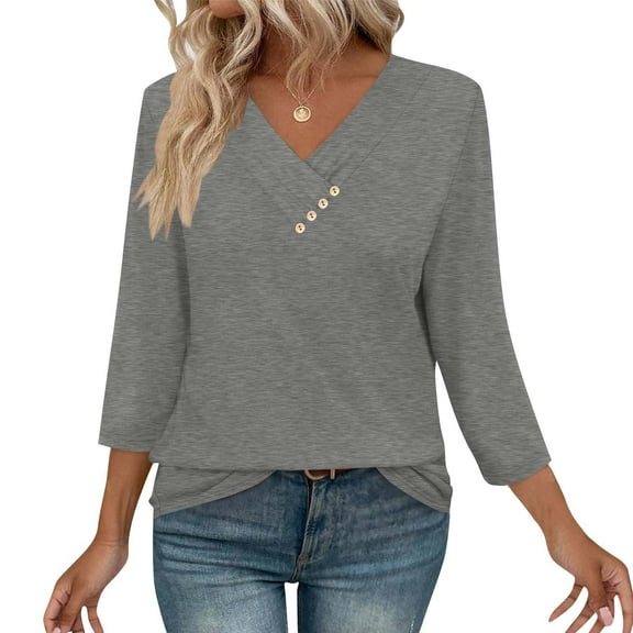 OKSALE V Neck Blouses for Women Trendy Button Up Shirt Dressy Casual 3/4 Length Sleeve T Shirt Loose Fit Solid Color Top 2025 Fall Clothes