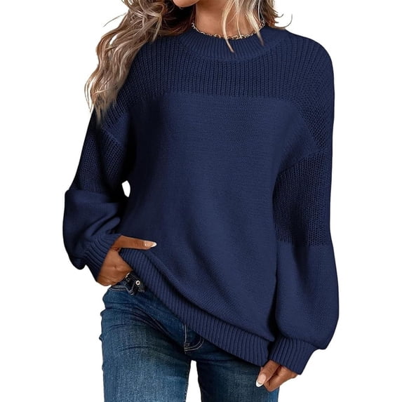 Oksale Women's Casual Long Puff Sleeve Sweaters Trendy Drop Shoulder Sweater Loose Crewneck Jumper Classic Solid Color Jumpers Soft Tops Dark Blue XL