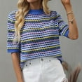 thumbnail image 1 of Oksale Women's Crochet Striped Sweaters Casual Crewneck Sweater Trendy Short Sleeve Jumper Soft Cute Tops Casual Warm Knitwear Blue S, 1 of 6