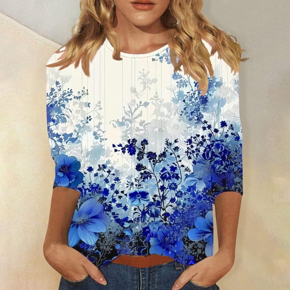 Oksale Women's Floral Graphic Shirts 3/4 Sleeve Tunic Shirt Casual Round Neck Tee Blouses Loose Fit Lightweight Top Fall Fasion Tops