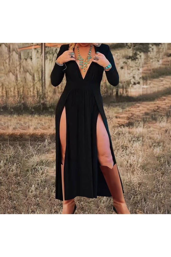 Women's Sexy Deep V Neck Dresses Front Split Wrap Dress Western Cowgirl Long Sleeve Dress Renaissance Outfit Dress Elegant Party Clubwear Black
